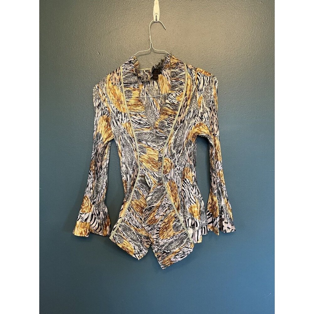 JERRY T Mixed Print Animal Print‎ large button crinkle fabric size L cardigan